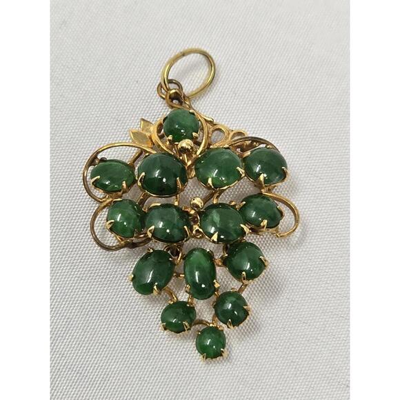 14K Solid Gold Natural Green Jadeite Grape Cluster Pendant Cabochon Vintage